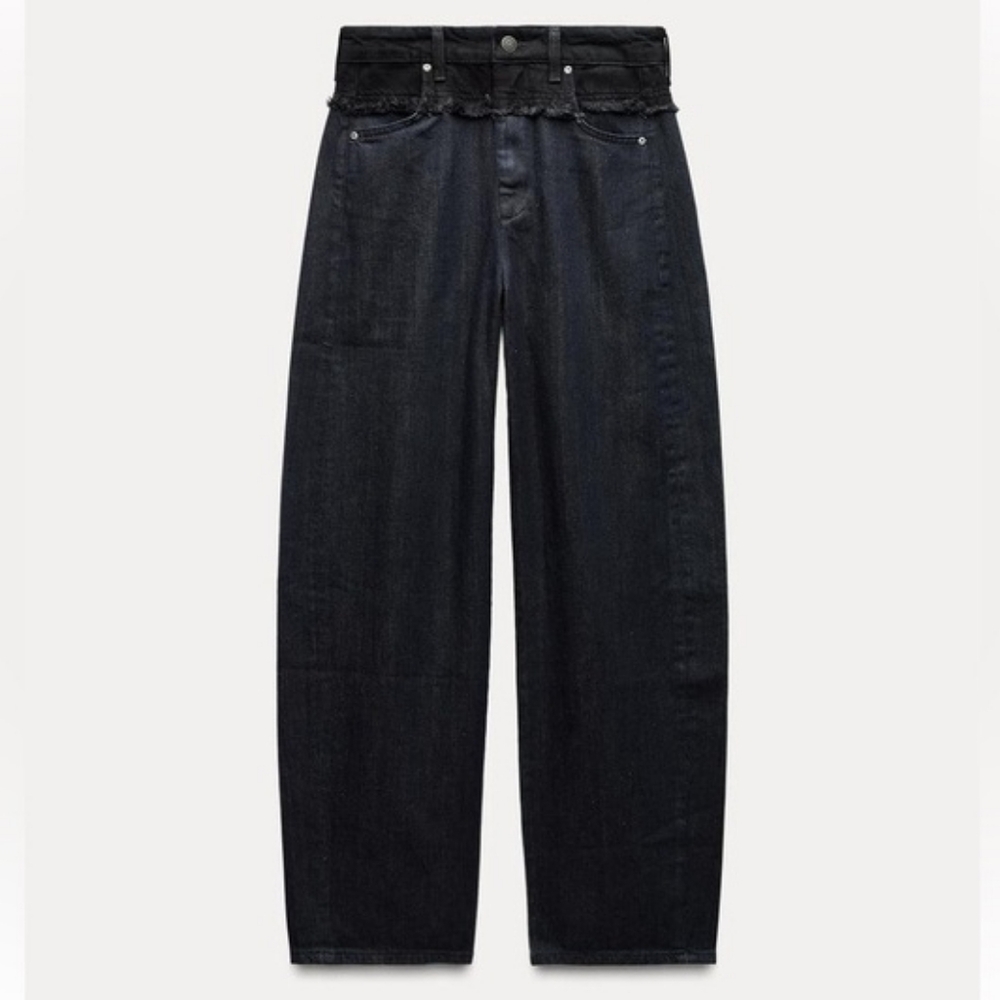 ZARA Premium Denim NWT Contrast Barrel Jeans Blue & Black Combo Mid-Rise 12/32